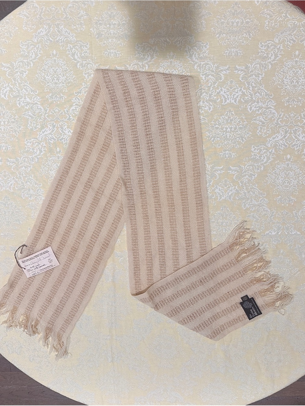 The Dunlap Weavers Wool Camel Woven Striped Fringe Scarf Beige Tan 57x8 1057-C